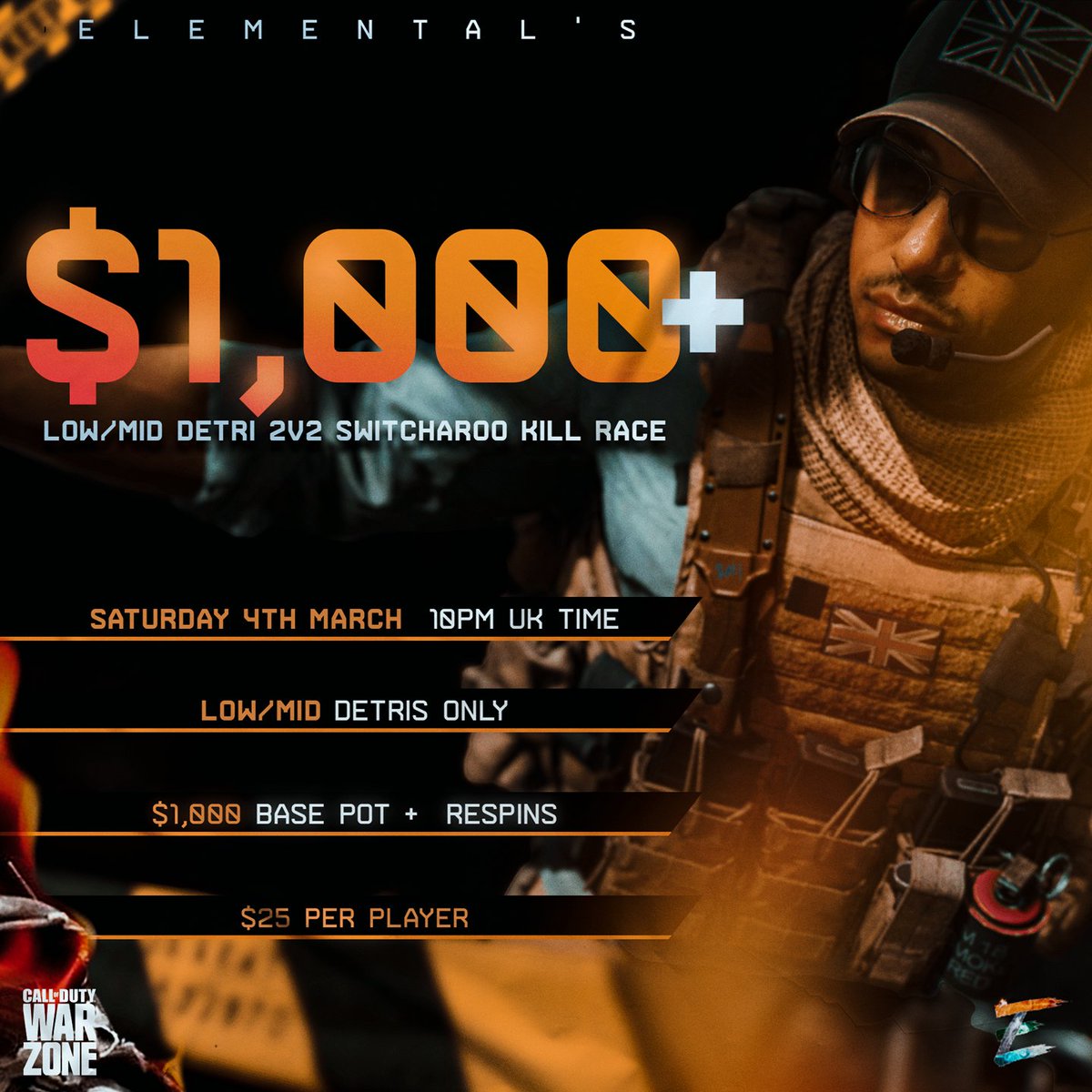 Elemental's $1,000+ Low/Mid Detris 2v2 Switcharoo Kill Race 🌋

📅 | Saturday 4th March, Wheel Spin @ 10pm UK Time (5pm Eastern), 
👥 | Low/Mid Tier Detris Only, 
🌎 | NA &amp; EU Host Only, 
🎟️ | Entry Fee : $25 Per Player.

Reply for a form, last time we had a $2,000+ tournament ↓