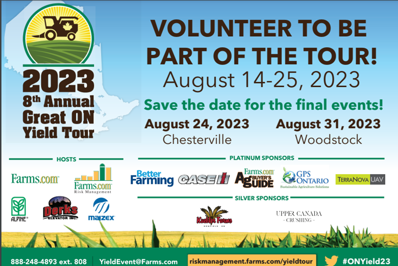FarmsMarketing's tweet photo. Calling all #Ontario farmers. Are you going to the @LdnFarmShow next week? Did you participate in the #ONYield22? Come say hello to Moe &amp; #ONYield23 booth #1320. Learn how to join 2-week data tour in Aug. &amp; attend one of the final events. Thank You all hosts &amp; sponsors @OntAg https://t.co/P40Ymthmlx
