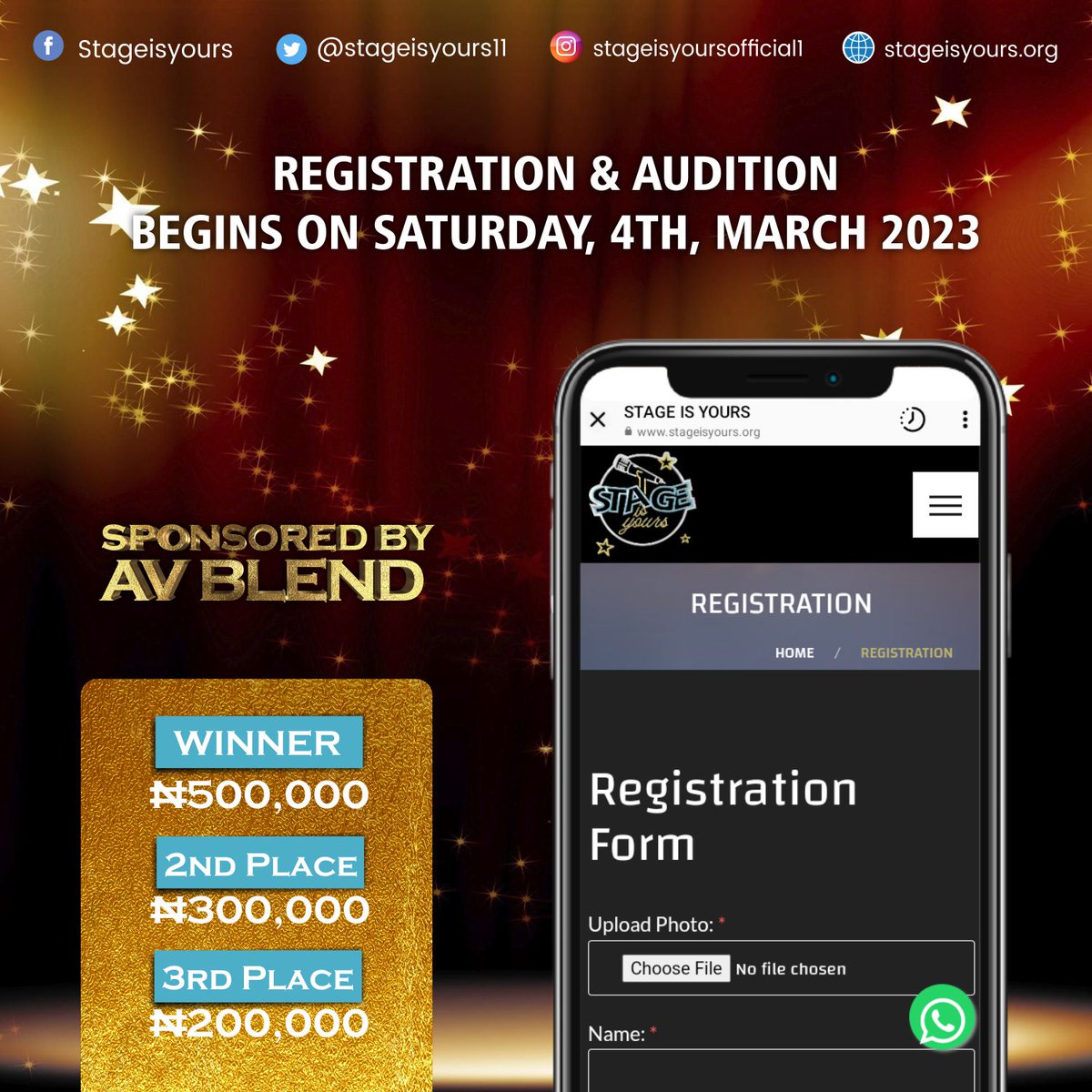 stageisyours11's tweet photo. Registration and audition begins tomorrow 4th, March
and ends on 4th April, 2023.

To register, click the link on our bio. Make sure you
read all participation guidelines before sending in your
entries.

THE STAGE IS YOURS!
#stageisyoursseason1 https://t.co/aXPcJKorAe