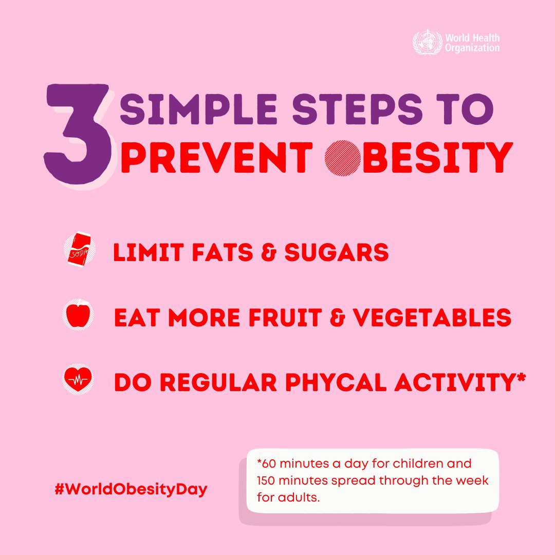 Lifestyle choices can help prevent obesity. ❌ Limit harmful fats & sugars 🍒 🥦 Eat more fruit, vegetables, pulses, whole grains & nuts 🏃 Stay active @WHO has more tips on Saturday’s #WorldObesityDay: who.int/health-topics/…