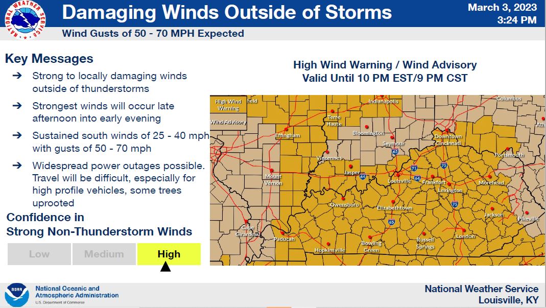 GovAndyBeshear's tweet photo. Straight line winds are continuing across Kentucky with a high wind warning in effect until 10 p.m. EST. These winds are up to 50 - 70 mph. We've seen multiple semi trucks blown off the road so please take these winds seriously. https://t.co/Mq9HyAY2uT