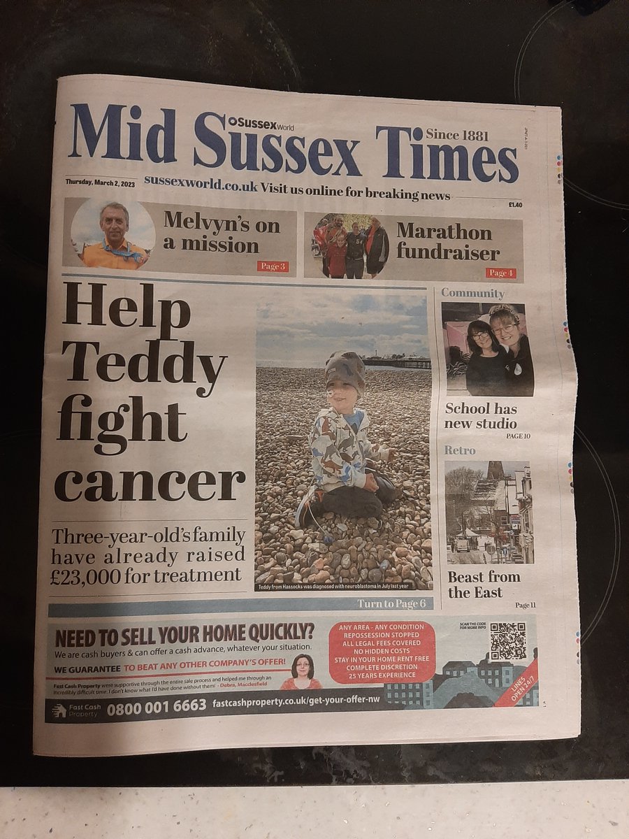TeddyAndTheBigC's tweet photo. Thank you @midsussex_times for featuring Teddy's fundraiser on the front page of this week's issue!
#neuroblastoma #fundraising #solvingkidscancer #sussex https://t.co/uTeC3hMFXW