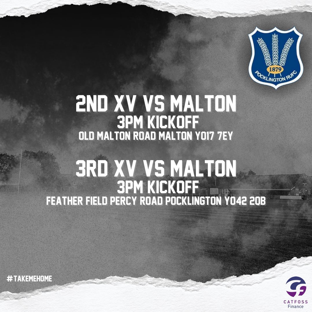 PocklingtonRUFC's tweet photo. 🚨Squad Announcements🚨
1st XV
🆚Malton & Norton RUFC
📍Percy Road, YO42 2QB
2nd XV
🆚Malton & Norton RUFC
📍Old Malton Road, YO17 7EY
3rd XV
🆚Malton & Norton RUFC
📍Feathers Field, YO42 2QB
Colts XV (Sunday)
🆚Bradford & Bingley RUFC
📍Percy Road, YO42 2QB
#prufc https://t.co/7fA7o2iswp