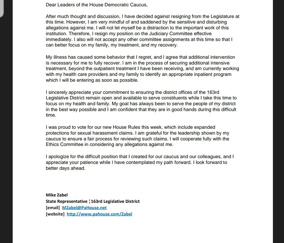 StephenJ_Caruso's tweet photo. Inbox: House Democrats have released an email from state Rep. Mike Zabel (D., Delaware), who was accused of sexual harrassment, to leadership. Zabel says he will NOT resign, but "not let [himself] be a distraction" and resign his committees while seeking "intensive treatment." https://t.co/rezpcJ287D
