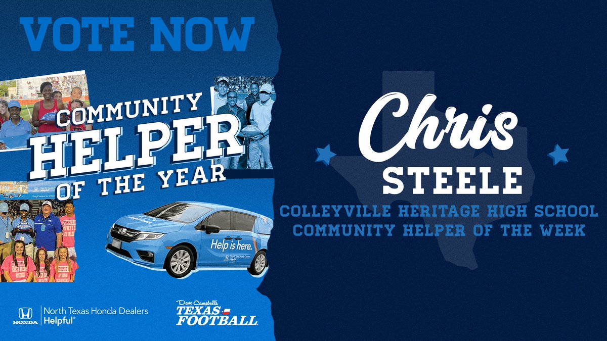 dctf's tweet image. Hey @CHPantherPride - 

VOTE for your own Chris Steele as the Community Helper of the Year, sponsored by @NTXHondaDealers! 

Voting is unlimited until March 17th! 
@CHHS_FOOTBALL
@CHPantherCheer 

texasfootball.com/helpful-honda-… 
#txhsfb #dctf