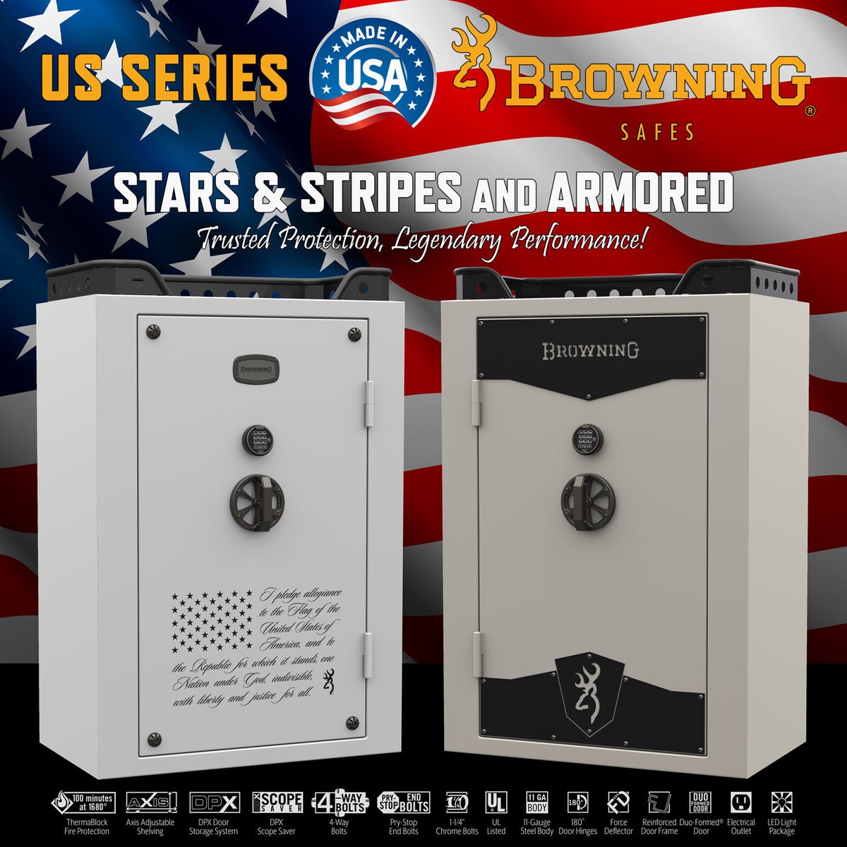 BrowningSafe's tweet photo. The #BrowningSafes U.S. Series Armored and U.S. Stars &amp; Stripes gun safes are designed to accommodate modern sporting rifles and shooting equipment. Sporting a tactical look &amp; feel, they’re more suited to a 3-gun match than the skeet range.
#TrustedProtectionLegendaryPerformance https://t.co/oyH4iMr7k6