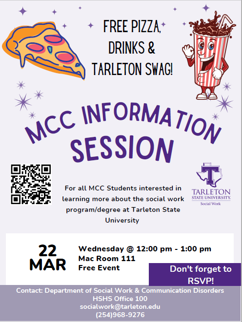 TarletonWaco's tweet photo. FREE pizza, FREE drinks, cool SWAG: Interested in joining @TarletonSOCW? RSVP for the info session at @McLennanCC, Wednesday, March 22, from 12-1PM in MAC111! 
More info: socialwork@tarleton.edu or (254) 968-9276
#Tarleton #TarletonState #TarletonWaco #socialwork #beahelper https://t.co/eMVi99aw4v
