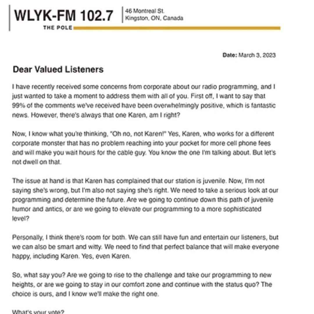 Corporate is getting rattled.
Give us your feedback.
1027thepole.com