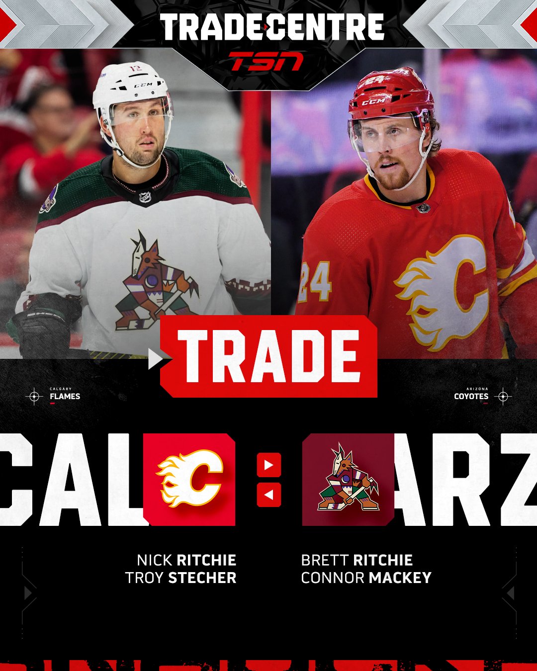 TSN on X The Flames have acquired Troy Stecher Nick Ritchie from the Coyotes in exchange for Connor Mackey and Brett Ritchie. TradeCentre MORE https t qubB4GZrL0 https t VHr6CTHFk0 X