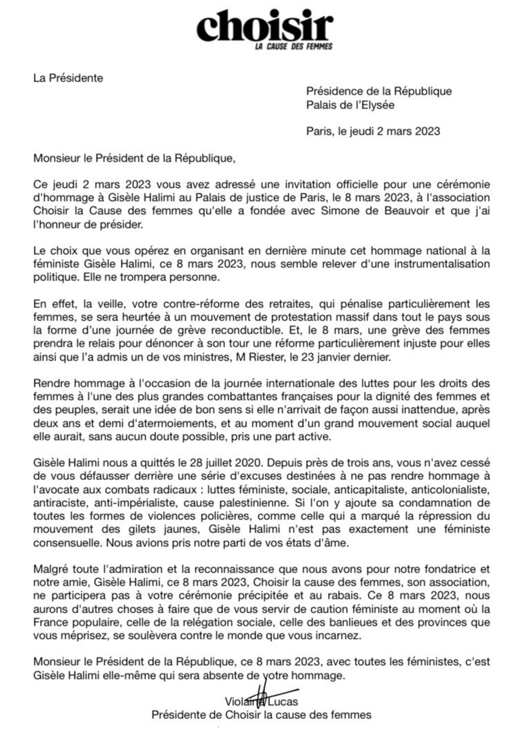 jfcoulomme's tweet photo. Coup de récupération raté pour @EmmanuelMacron qui a voulu instrumentaliser Gisèle Halimi pour le 8 Mars.
La présidente de l'association Choisir lui répond. 
Et c'est sévère, mais si juste !
#8M2023 #8mars #8mars2023 https://t.co/D0cz5PwKua