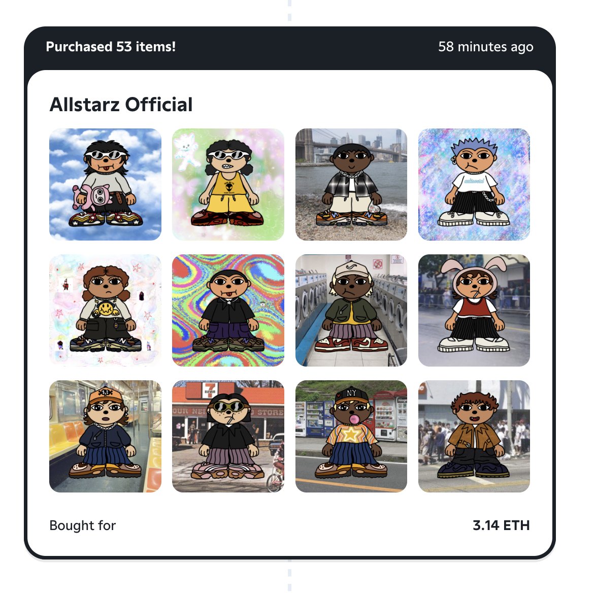 we swept the goddamn floor

- 157 contributors
- 3.14 ETH raised
- 53 @allstarz_nft swept
- 1 dank NFT collection w/ <a href="/supermetalx/">supermetal $swag bosch 🥱</a> artwork that lets contributors govern the 53 members.  can vote to sell, mint derivs, whatever (opensea.io/collection/par…)