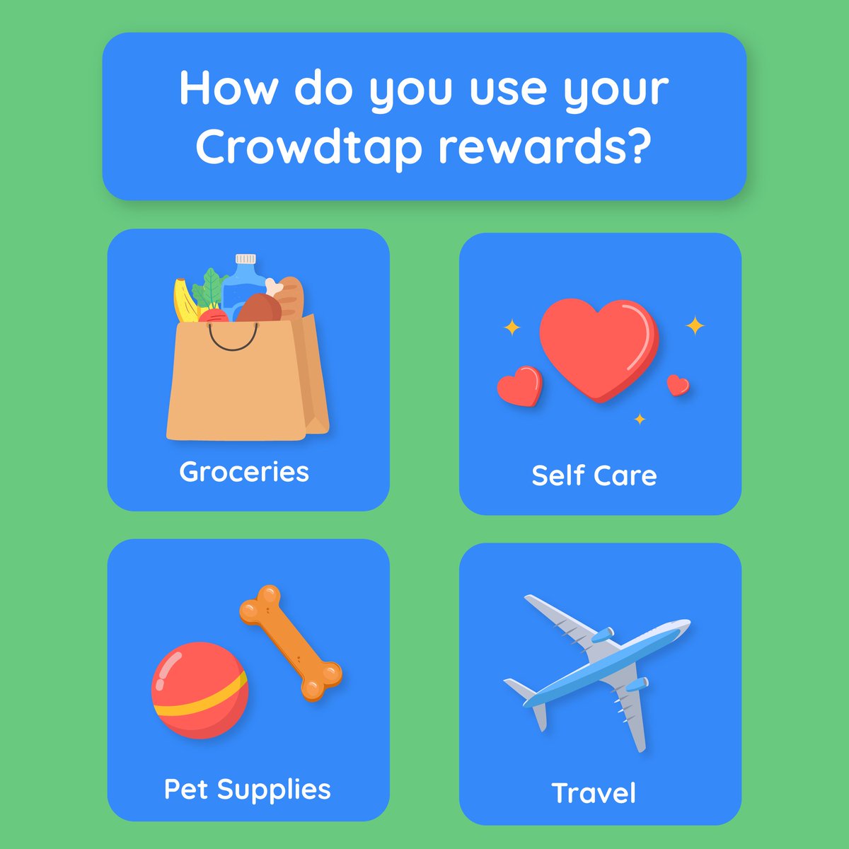 Time to reward yourself! 😎🎉 How do you spend your rewards? Share with us below! 👇 
#Crowdtap #CrowdtapRewards #TreatYoSelf #Groceries #Travel #SelfCare #Pets