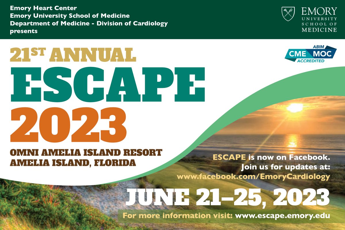 ECCRI (@emoryccri) on Twitter photo Register now for ESCAPE happening June 21-25! Accredited CME in a beautiful location with <a href="/MahmoudHAbdou/">Mahmoud Abdou</a> <a href="/rblument1/">Roger Blumenthal</a> <a href="/alexiscutchins/">Alexis Cutchins, MD</a> <a href="/WendyPost9/">Wendy Post</a> <a href="/ijeomaheartdoc/">Ijeoma Isiadinso MD MPH FACC FASNC</a> <a href="/kewatson/">Karol Watson</a> <a href="/CardioOnc_ATL/">Anant Mandawat</a> <a href="/NanetteWenger/">Nanette Wenger</a> <a href="/RLeLeiko/">Rebecca LeLeiko</a> <a href="/PujaKMehtaMD1/">Puja K. Mehta, MD</a> <a href="/vardhmaan_jain/">Vardhmaan Jain</a> and more.
cmetracker.net/EMORY/Publishe… Register now for ESCAPE happening June 21-25! Accredited CME in a beautiful location with <a href="/MahmoudHAbdou/">Mahmoud Abdou</a> <a href="/rblument1/">Roger Blumenthal</a> <a href="/alexiscutchins/">Alexis Cutchins, MD</a> <a href="/WendyPost9/">Wendy Post</a> <a href="/ijeomaheartdoc/">Ijeoma Isiadinso MD MPH FACC FASNC</a> <a href="/kewatson/">Karol Watson</a> <a href="/CardioOnc_ATL/">Anant Mandawat</a> <a href="/NanetteWenger/">Nanette Wenger</a> <a href="/RLeLeiko/">Rebecca LeLeiko</a> <a href="/PujaKMehtaMD1/">Puja K. Mehta, MD</a> <a href="/vardhmaan_jain/">Vardhmaan Jain</a> and more.
cmetracker.net/EMORY/Publishe…