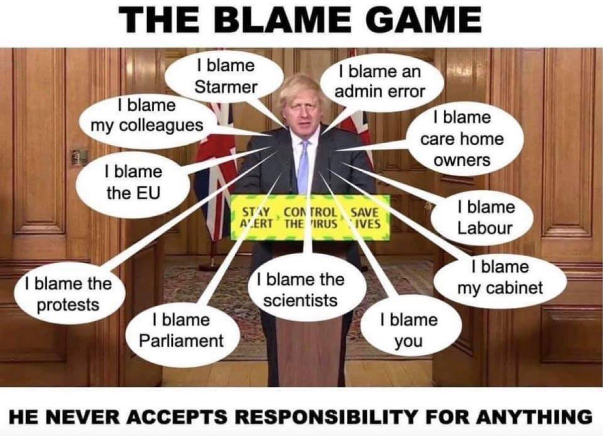 Anyone else noticed that it is NEVER, EVER his fault? Liar Johnson continually plays the blame game, yet we all know who he is and what he is: a cesspit of immoral filth. 
#LiarJohnson #DowningEmStreet #ThePartyIsOver