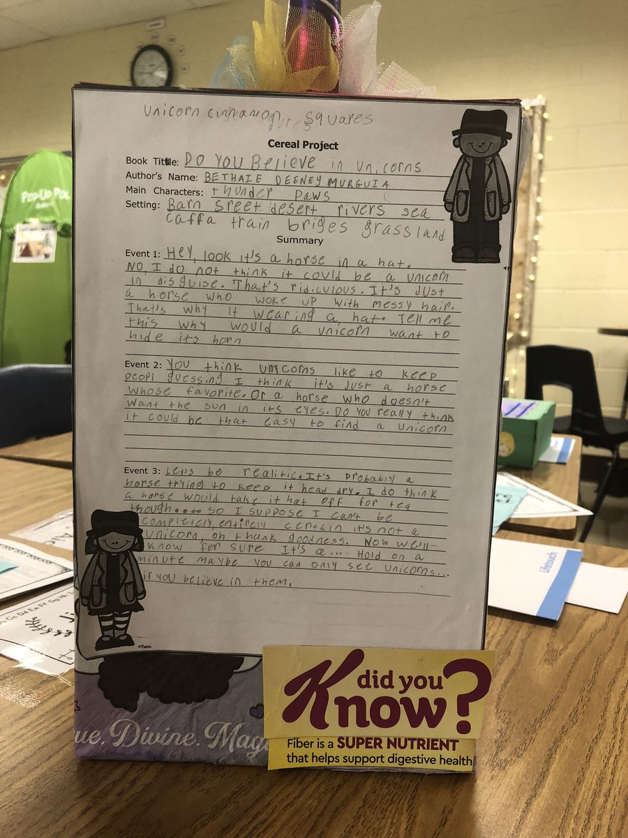 Tried a new book report project. Students created a unique cereal related to a book they read then wrote a summary of the book on the back. #huskychat