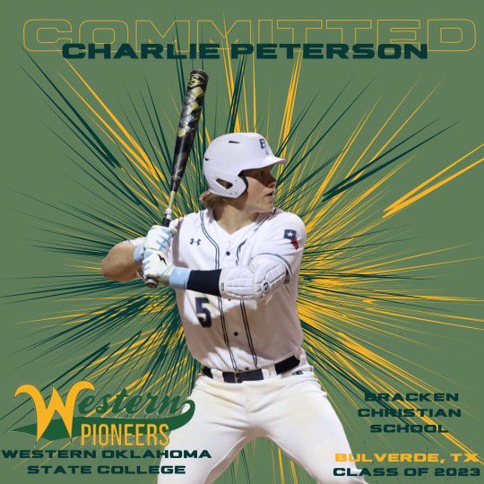 Charlie Peterson (@charliep2023) on Twitter photo I’m honored to announce my commitment to play baseball at Western Oklahoma State College. I’m thankful to God for this opportunity. Thank you to my family, teammates and coaches for your support. Kurt Russell <a href="/CoachCJ00/">Chris Johnson</a> <a href="/RyanTurner2037/">Coach Ryan Turner</a> <a href="/Genesis_SP1/">Genesis Sports Performance</a> <a href="/RyanRamirezBC/">Ryan Ramirez</a> <a href="/ackerbaseball/">Garrett Acker</a> I’m honored to announce my commitment to play baseball at Western Oklahoma State College. I’m thankful to God for this opportunity. Thank you to my family, teammates and coaches for your support. Kurt Russell <a href="/CoachCJ00/">Chris Johnson</a> <a href="/RyanTurner2037/">Coach Ryan Turner</a> <a href="/Genesis_SP1/">Genesis Sports Performance</a> <a href="/RyanRamirezBC/">Ryan Ramirez</a> <a href="/ackerbaseball/">Garrett Acker</a>