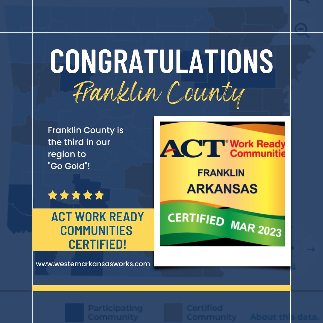 WAPDD's tweet image. Congratulations Franklin County for becoming ACT Work Ready Communities Certified! 

#WesternArkansas #WesternArkansasWorks #ACTWorkReadyCommunity #ACT #Work #WIOA #WAPDD #Arkansas