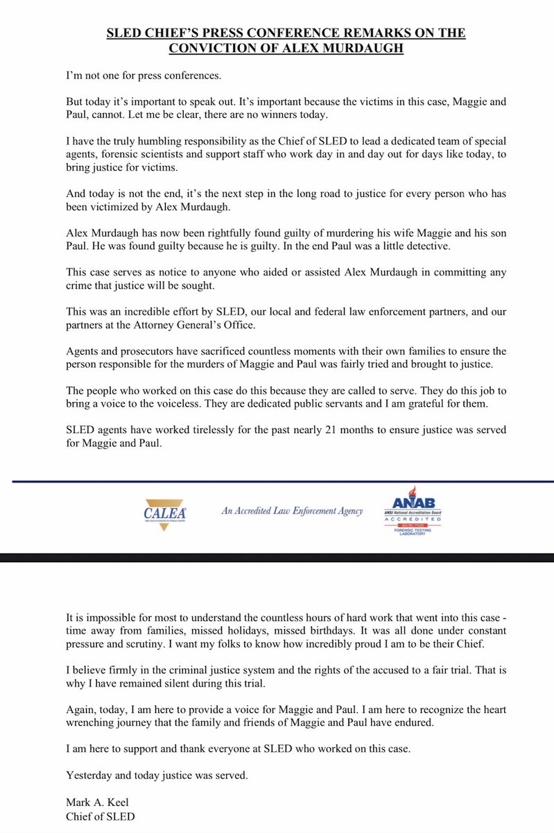 MandyMatney's tweet photo. Press release from SLED:
"Alex Murdaugh has now been rightfully found guilty of murdering his wife Maggie and his son
Paul. He was found guilty because he is guilty. In the end Paul was a little detective."
🤍🤍 https://t.co/pUKdvKdgAa