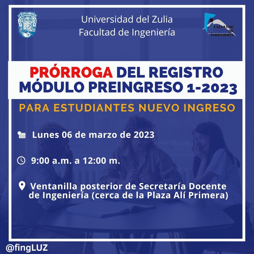 🔉 Prórroga del Registro al modulo Preingreso para estudiantes nuevo ingreso del periodo 1-2023 de <a href="/fingluz/">Facultad de Ingeniería LUZ</a>

Lunes 6 de marzo en la ventanilla de Secretaria Docente de Ingeniería. 

#fingluz #universidaddelzulia