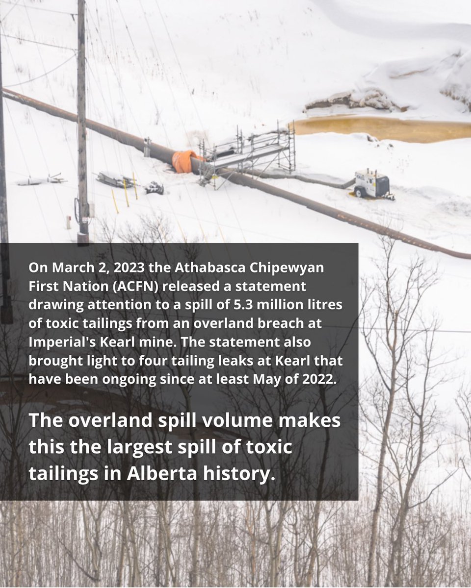 IENearth's tweet image. 🚨5.3 million liters+ of toxic tailings leaked at Imperial's Kearl site in early February in addition to four tailings leaks that have been ongoing since at least May 2022. Imperial Oil &amp;amp; the Alberta Energy Regulator failed to notify the community about the breach. @Indigenous_ca