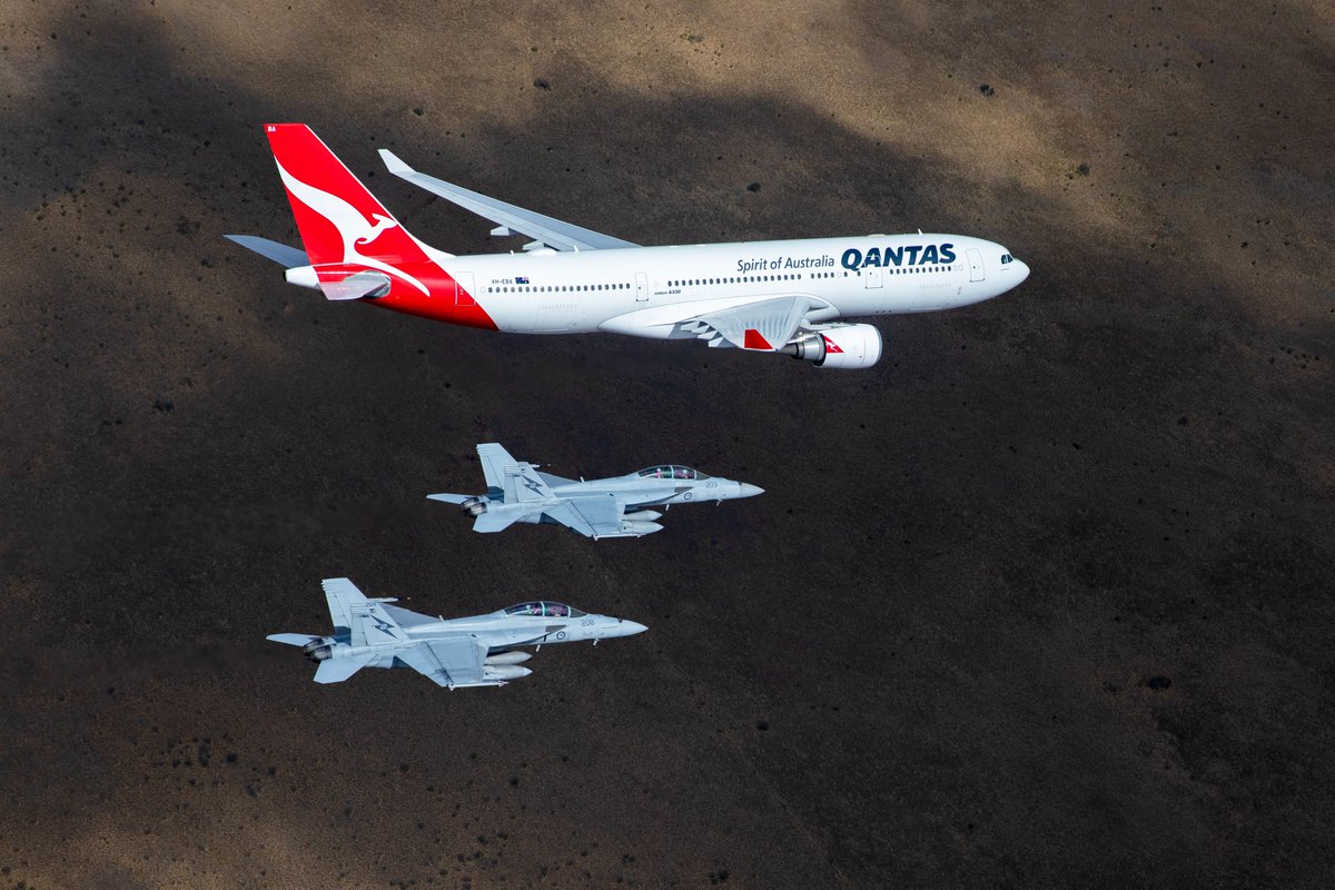 📸 Two F/A-18F Super Hornets flew in formation with a QANTAS Airbus A330 in a display at the <a href="/AvalonAIA/">AVALON 2023</a>  on Friday. ✈️

The flight was led primarily by female crew to celebrate women in aviation ahead of International Women's Day! 

<a href="/Qantas/">Qantas</a> #AIA23 #AusAirForce