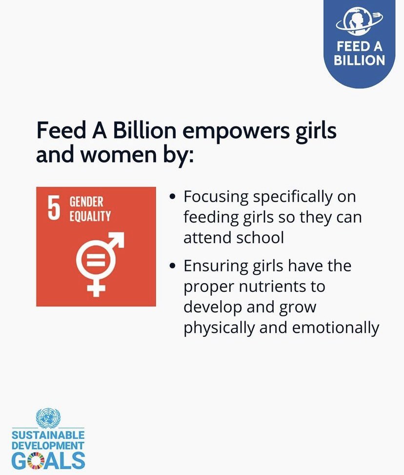 feedingabillion's tweet photo. How do we address the United Nation’s SDGs? 🕊🇺🇳

Goal 5: Achieve gender equality &amp; empower all women &amp; girls. 

Feed A Billion focuses specifically on feeding girls so they can attend school &amp; have the proper nutrients to develop &amp; grow mentally, physically, &amp; emotionally 👧🏽💙 https://t.co/KlGZMAV7RS