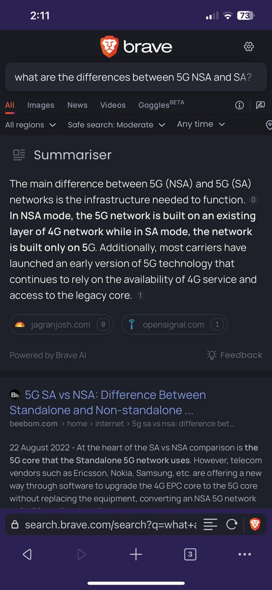 PendakwahTekno's tweet image. Anda pernah guna search engine oleh #BRAVE?
Brave search memperkenalkan ciri ‘#Summarizer’ yang menggunakan #AI untuk memudahkan anda mendapatkan maklumat yang lebih tepat. Ni contoh saya tanya apakah berbezaan antara #5G #NSA dengan #SA.
