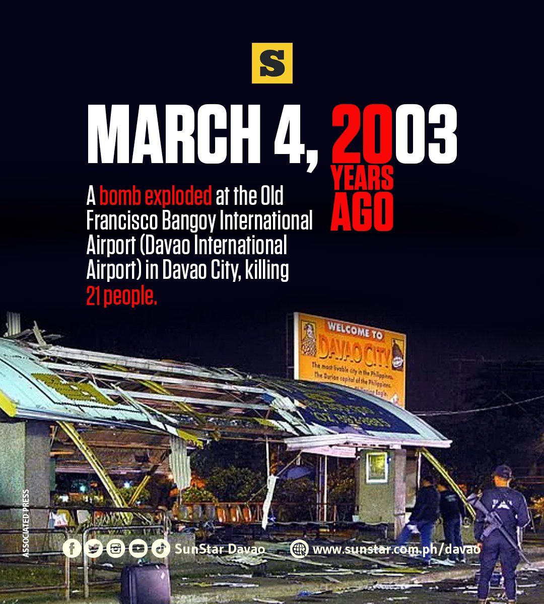 SunStarDavao's tweet image. #OnThisDay: MARCH 4, 2003

We remember. Honoring the lives lost in the 2003 Old Davao Airport Bombing.
#AllYouNeedToKnow