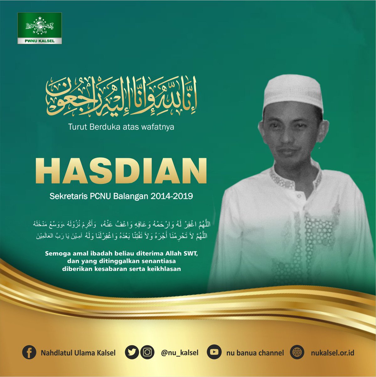 nu_kalsel's tweet photo. Turut berduka atas wafatnya Sahabat Hasdian ( Sekretaris PCNu Balangan 2014-2019) https://t.co/4IqfEZ33fy