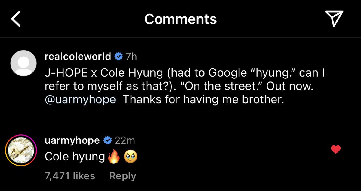 charts_k's tweet photo. j-hope comment 

Cole hyung🔥🥹 https://t.co/qHqqfFWRGs