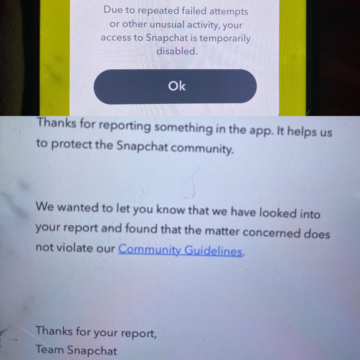 Conorryan2020's tweet photo. @snapchatsupport Dear Snapchat thank you for you’re time problem I was told to update Snapchat I updated my account I was force logged with out no warning giving two different reasons were giving why account was temporarily ban revive a email from Snapchat I am all clear still can’t log back In https://t.co/7RZjS6w13x