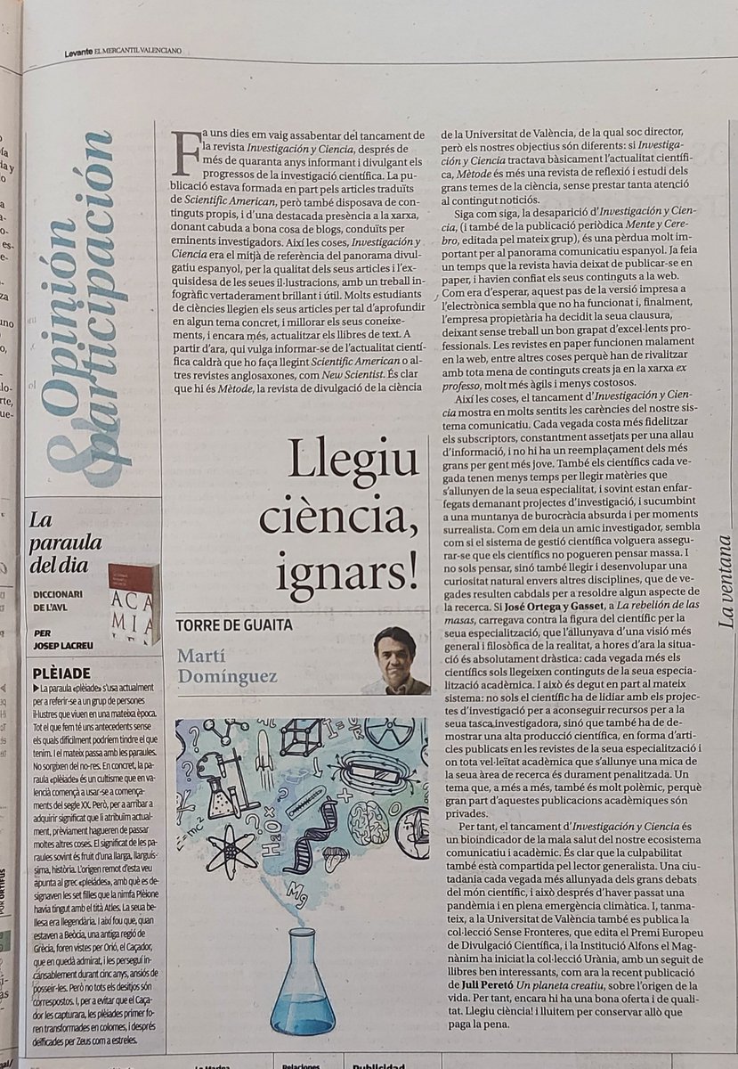 MartiDominguezR's tweet photo. Llegiu ciència, ignars! Una reflexió amb motiu del tancament de la revista Investigación y Ciencia.@levante_emv https://t.co/EtYHyrx7QP