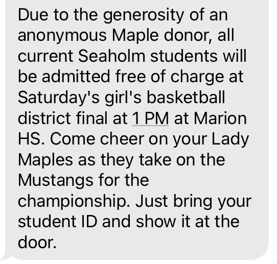 Bill Watson (@bill_watson19) on Twitter photo ATTN: Seaholm students: Cheer on your lady Maples basketball team at Marian HS Saturday 3/4 at 1pm. They play Marian for the district title,
the tickets are FREE!! Just bring your ID! 🏀🍁🏀
<a href="/TheMapleForest/">THE FOREST</a> <a href="/MaplesHoops/">Seaholm Boys Basketball</a> ATTN: Seaholm students: Cheer on your lady Maples basketball team at Marian HS Saturday 3/4 at 1pm. They play Marian for the district title,
the tickets are FREE!! Just bring your ID! 🏀🍁🏀
<a href="/TheMapleForest/">THE FOREST</a> <a href="/MaplesHoops/">Seaholm Boys Basketball</a>