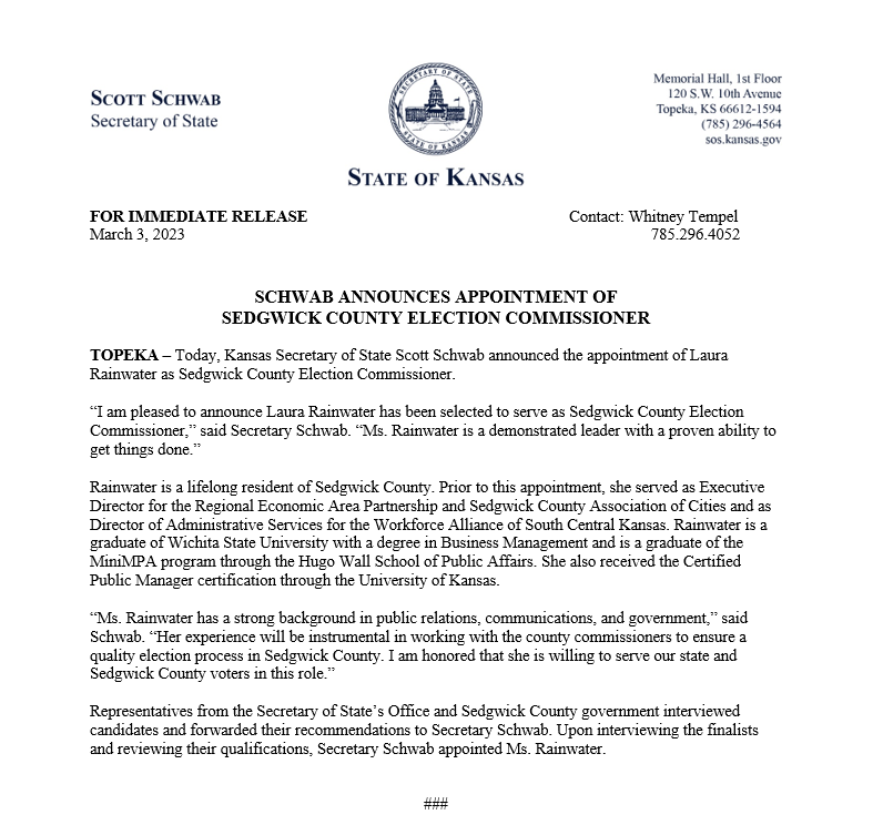 RELEASE: Schwab Announces Appointment of Sedgwick County Election Commissioner. #ksleg