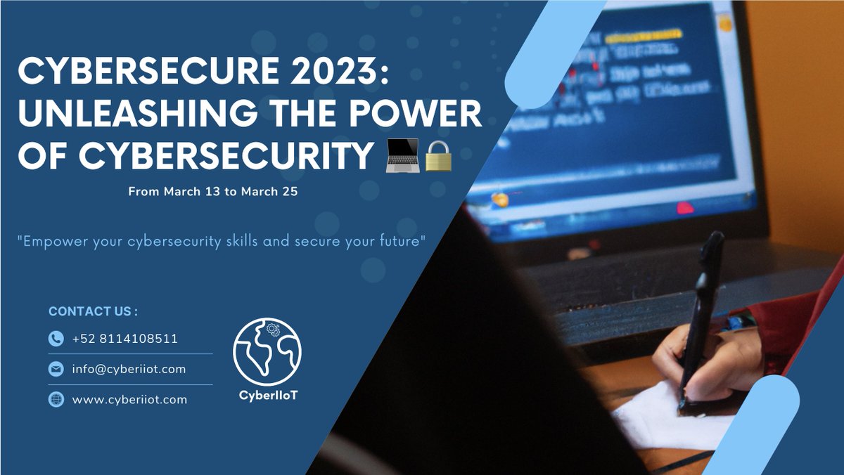 Cyberiiot's tweet photo. CyberSecure 2023: el evento educativo de ciberseguridad ¡No te pierdas esta oportunidad de llevar tus habilidades de ciberseguridad al siguiente nivel! 💻🔒 #CyberSecure2023 #UnleashCybersecurity #SecureYourFuture. Regístrate: https://t.co/xCPQYRqgg0 #Ciberseguridad #Oportunidad https://t.co/7pJco0qvP9