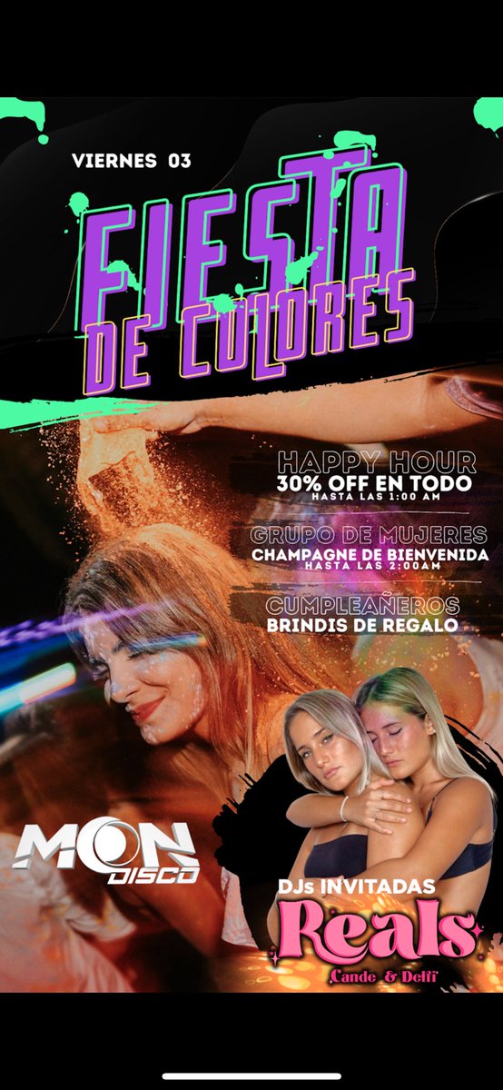 MOONDISCO1's tweet photo. Viernes en MOON 😍🪅
FIESTA DE COLORES‼️el patio se pinta con polvo de colores 🌈#Verano2023

DJs invitadas de la noche👈
CANDE Y DELFI ❣️ #Fiesta

S O R T E O‼️

🔸2 Vales de 5mil😍
🔸1 Vale de $10000🤤
🔸2 COMBOS SKYY🍹
🔸2 COSECHAS + SPEED

Dale...
🔁Rt
❤Fav
✅ @ a dos amgxs https://t.co/9lqfvKrHMS