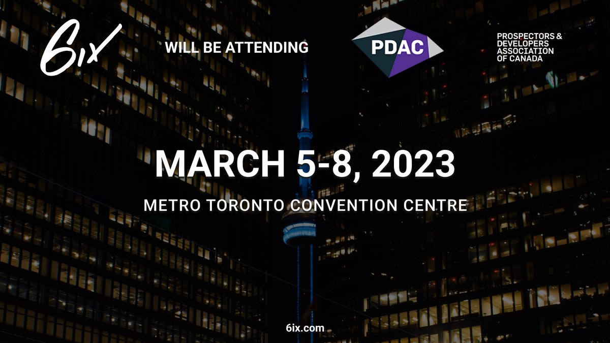 6ix is attending #PDAC 2023!

The World’s Premier Mineral Exploration &amp; Mining Convention is the leading event for people, companies and organizations to connect. We hope to see you there!

📅: March 5 - 8
📌: MTCC

Your guide to PDAC 2023: bit.ly/3JcNl9W