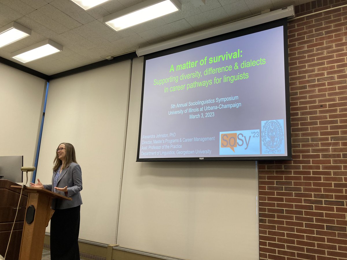 Last plenary of <a href="/SoSyUIUC/">Sociolinguistics Symposium, UIUC</a>! We are honored to have Dr. Alex Johnston <a href="/alexandrasaab/">Alex Johnston</a> presenting the amazingly useful and interesting “A matter of survival: Supporting diversity, difference, and dialects in career pathways for linguists”!!! 🤩