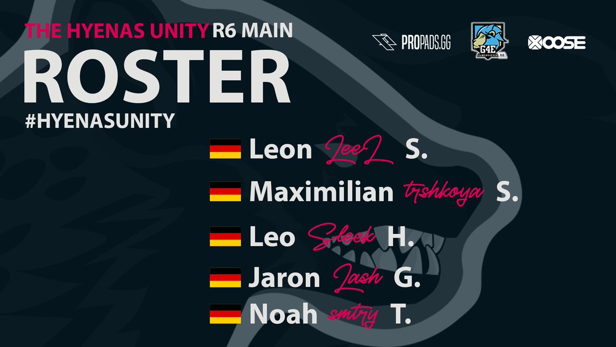 HyenasUnity's tweet image. &quot;You can stop worrying about g̶r̶e̶n̶a̶d̶e̶s̶ defeats now!&quot;

Das Hyenas Unity R6 Main startet mit einem neuen LineUp durch. 

Let&apos;s get the W&apos;s💜💙

Leon (@leel_r6s)
Maximilian (@koya_r6)
Leo (@sleek_r6)
Jaron (@LashR6_)
Noah (@smtryR6)

#HYU #HyenasUnity #R6 #eSports