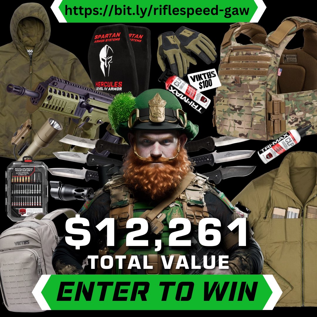 Over $12k in prizes! Go to bit.ly/riflespeed-gaw to enter our St. Patricks Day Giveaway. We’ve teamed up with some of the top brands in the industry to bring you 5 amazing prize packages.
@Spartan_Armor @IWIUS @realavid @ViktosBrand @cloudedensive @emersonknives