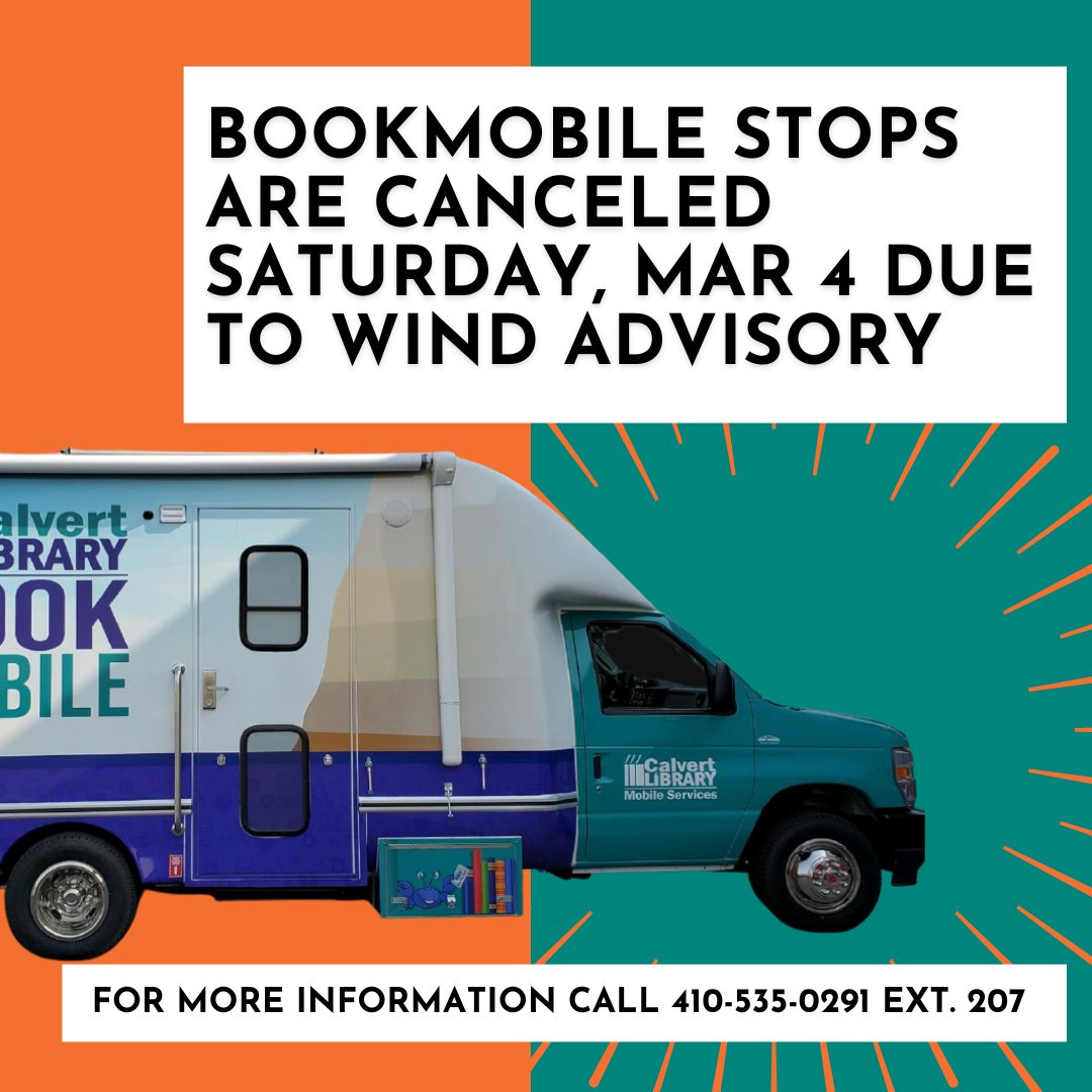 Bookmobile stops are canceled for Saturday, March 4 due to the wind advisory. Stay safe!
