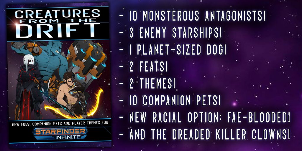 Creatures from the Drift is a collection of quirky and imaginative #Starfinder content! Antagonists including cybernetic fae, a wealth of companion pets, new playable options, and a whole lot more from the depths of the Drift.  Grab your copy at
drivethrurpg.com/m/product/4105…