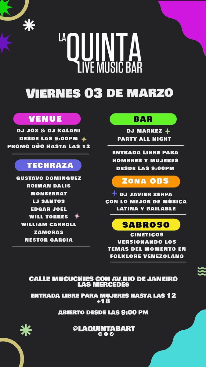 ¿El plan de hoy? <a href="/laQuintabart/">La Quinta Bar Live Music Bar</a> 

Conoce lo que ocurre en cada uno de nuestros espacios. 

Entrada libre para mujeres desde las 9:00pm a 11:59pm