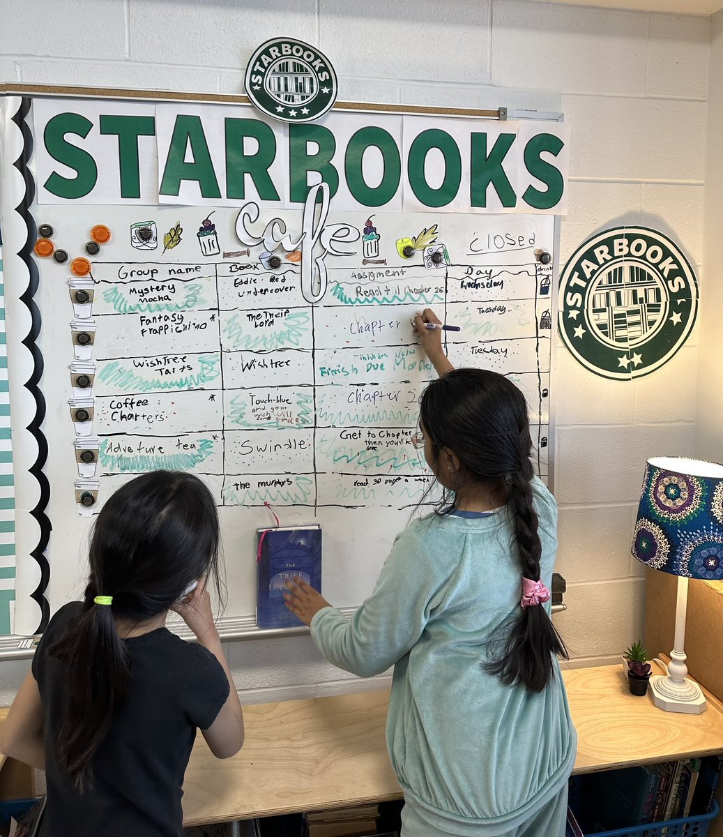 AsimaBhatty's tweet photo. Our Starbooks menu features cafe themed book groups based on interest &amp; student voice. Ss designed the board, selected good fit books, create their reading assignments &amp; have authentic conversations motivated by the joy of reading! #IvyHillLeague #identityandagency #studentchoice https://t.co/Zf9Cs8tGFt