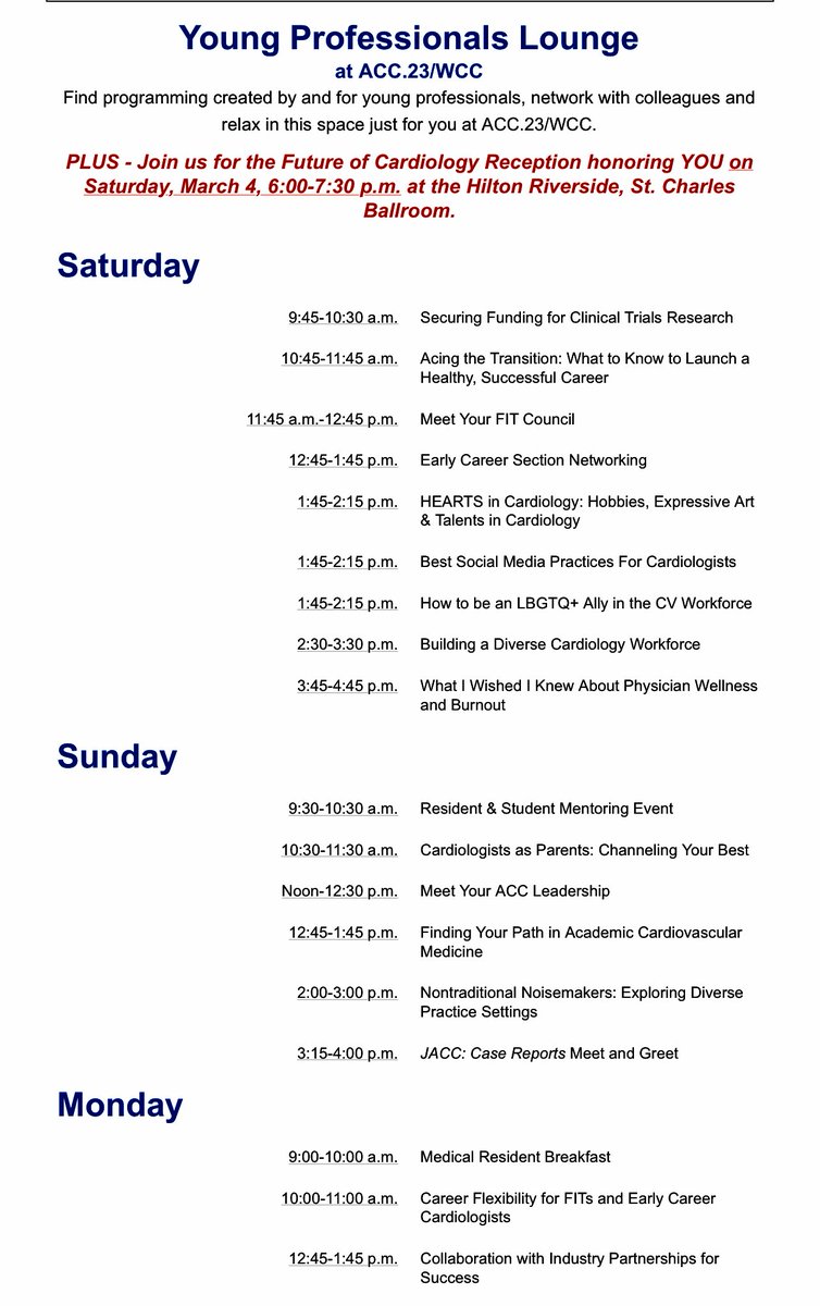 Poonam Velagapudi (@pooh_velagapudi) on Twitter photo 👉Agenda for the #YoungProfessionalsLounge (shared by FIT and EC) sessions at #ACC23
👉Bringing several non-clinical topics for discussion
👉Jointly planned by #ACCEarlyCareer & #ACCFIT, led by <a href="/noshreza/">Nosheen Reza, MD, MS</a> & <a href="/emilyzernMD/">Emily Zern</a> and our member moderators
<a href="/ACCinTouch/">American College of Cardiology</a> #CardioTwitter 👉Agenda for the #YoungProfessionalsLounge (shared by FIT and EC) sessions at #ACC23
👉Bringing several non-clinical topics for discussion
👉Jointly planned by #ACCEarlyCareer & #ACCFIT, led by <a href="/noshreza/">Nosheen Reza, MD, MS</a> & <a href="/emilyzernMD/">Emily Zern</a> and our member moderators
<a href="/ACCinTouch/">American College of Cardiology</a> #CardioTwitter