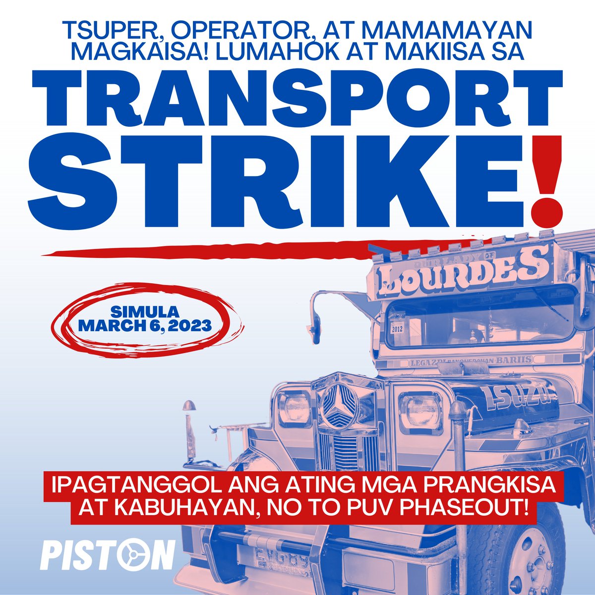 Hindi na sapat ang puro extension! Oras na para maningil ng mga pangakong pinapako!

Sama-samang ipagtanggol ang ating mga prangkisa at kabuhayan! Ipaglaban ang katiyakan sa kabuhayan! PUV phaseout, ibasura!

SUMAMA AT MAKIISA! 
TULOY ANG TRANSPORT STRIKE!

#NoToPUVPhaseout