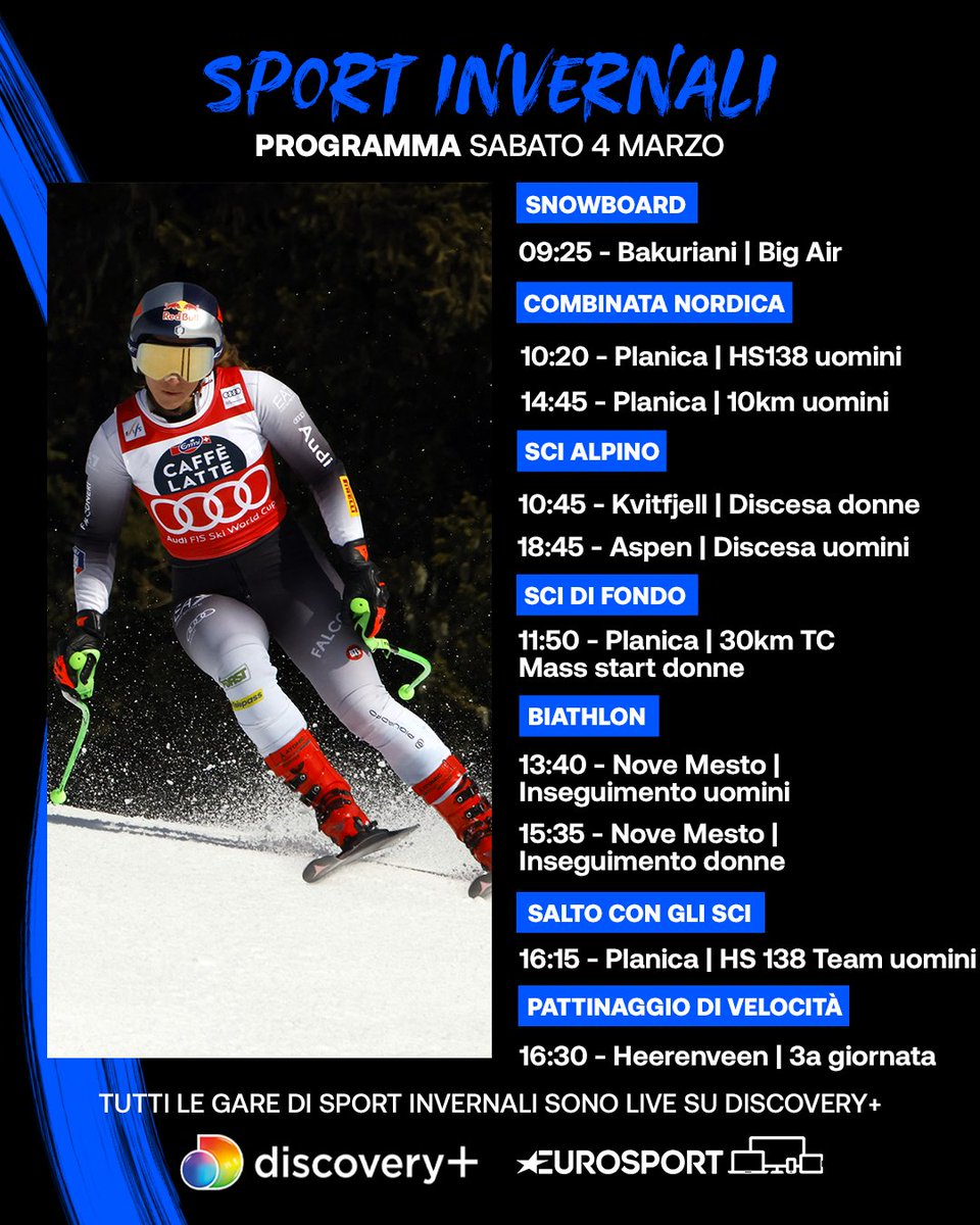 Eurosport IT (@eurosport_it) on Twitter photo Siete pronti per un sabato pieno di appuntamenti?
Segui tutte le gare LIVE su su <a href="/discoveryplusIT/">discovery+ Italia</a> ed eurosport.it ๐บ๐ป๐ฑ
#EurosportSCI Siete pronti per un sabato pieno di appuntamenti?
Segui tutte le gare LIVE su su <a href="/discoveryplusIT/">discovery+ Italia</a> ed eurosport.it ๐บ๐ป๐ฑ
#EurosportSCI