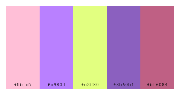 ColPaletteBot's tweet photo. Beep beep, here's a pretty color palette for you!
color-scheme.js parameters used:
- hue: 137
- variation: light
- colors: #ffbfd7, #b980ff, #e2ff80, #8b60bf, #bf6084
Have a lovely evening!
#twitterbot #colorpalette #colors #palette #prettycolors https://t.co/4kiRzqVn6W