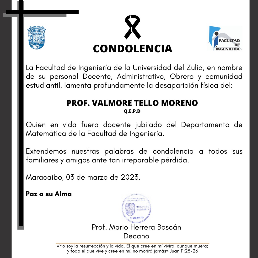 Condolencia Prof. Valore Tello Moreno QEPD