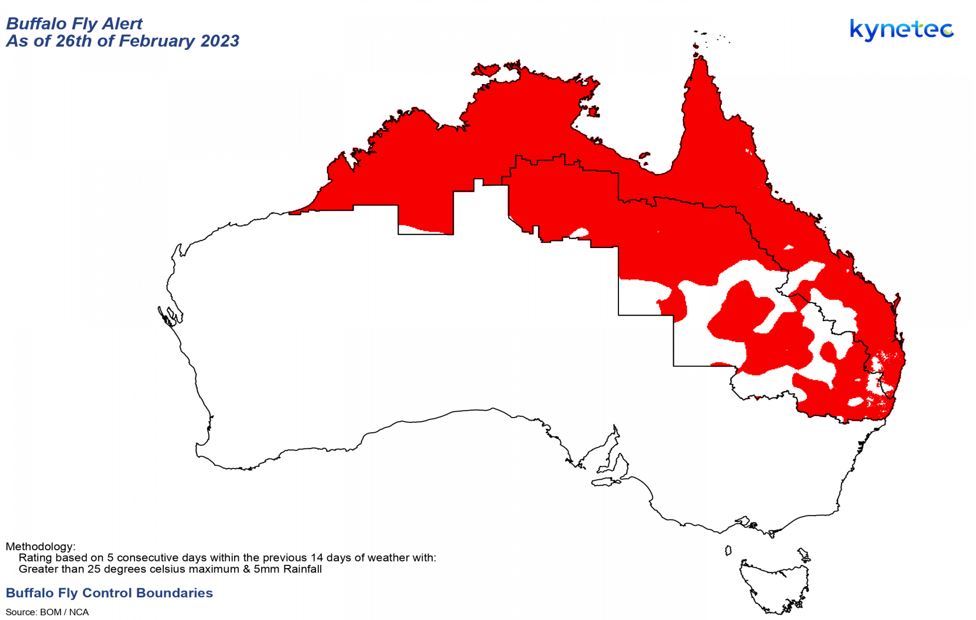 TEC_Aus's tweet photo. FLY ALERT. Emerging blowfly hotspots sweeping WA, nth of Kalbarri towards Esperance. High alert for central QLD, eastern NSW and segments of SA + VIC coastline. Moderate to high patches across Tassie. Severe buffalo fly conditions in the North. @kynetec #flystrike #flyboss https://t.co/R9qR95S5Qu
